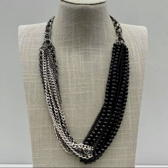 Talbots Necklace Modern Black Beaded Silver Tone Gunmetal Layered Chains 24 Inch - Picture 1 of 10
